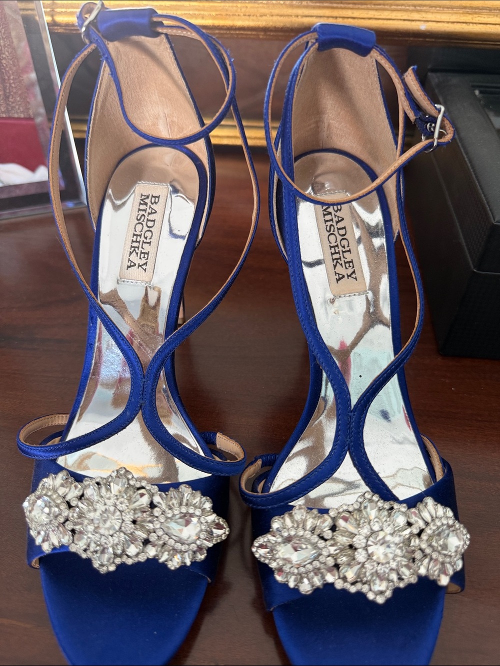Badgley Mischka Cobalt Blue Satin Jewel-Strap Sandals